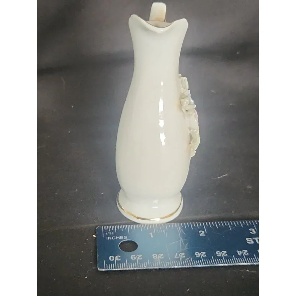 Cream Porcelain Pitcher Vase with Pastel Floral Appliqués and Gold Trim